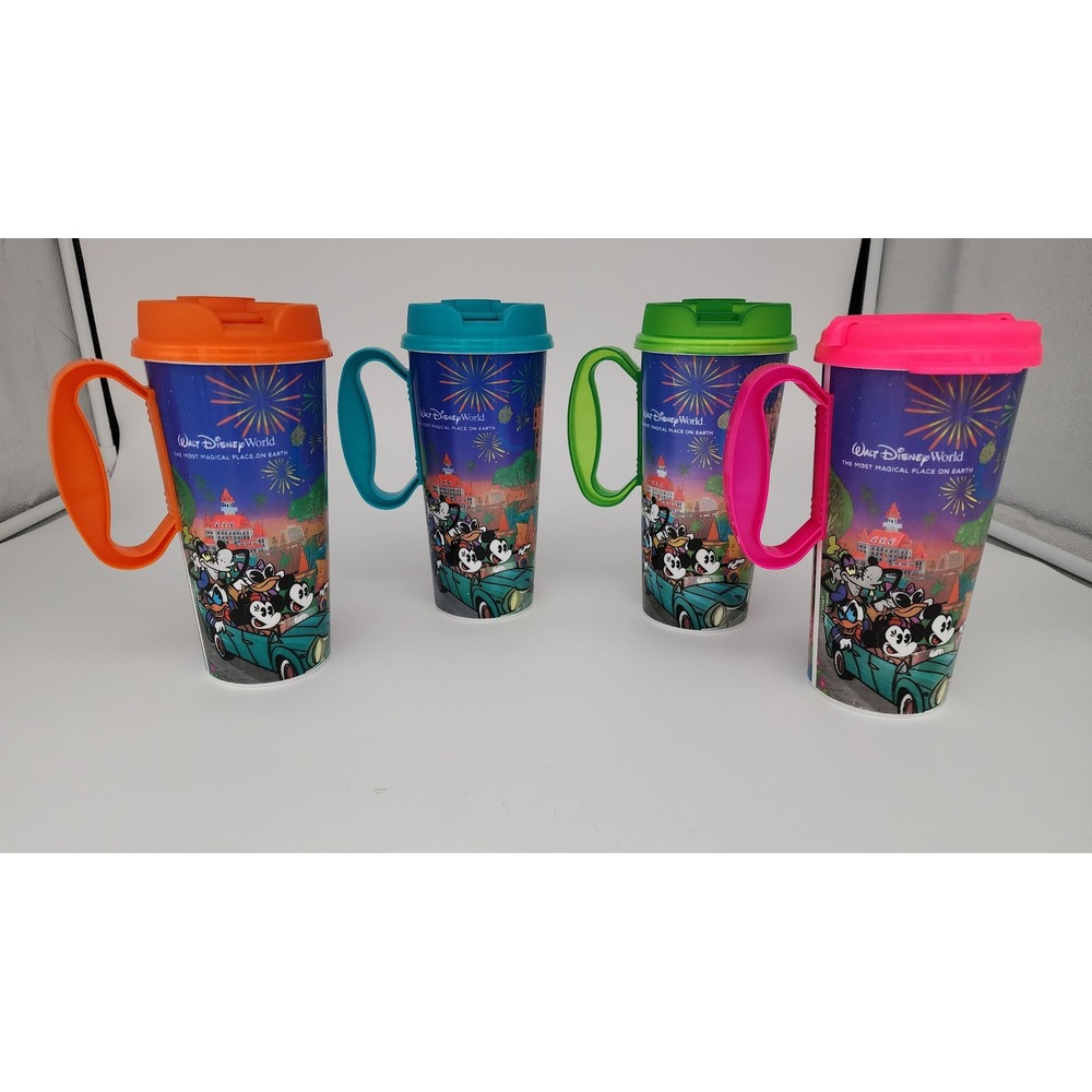 Disney World Refillable Resort Mug Set 4 Mickey Friends Multi Park Icon EXC